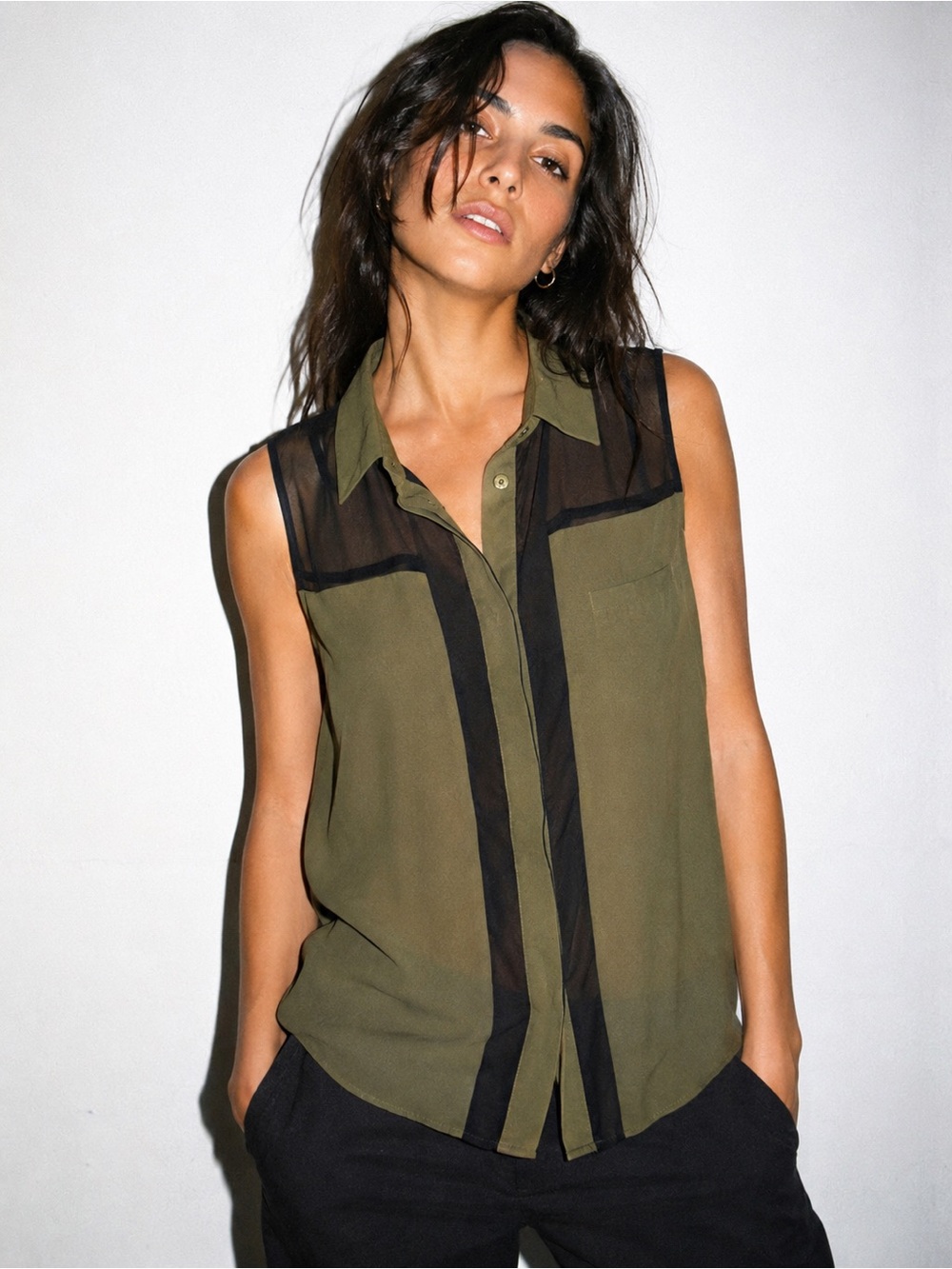 Parker Uma Silk Sheer Panel Sleeveless Button-Down Top Size Small